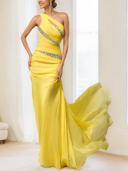 Sheath/Column One-Shoulder Sleeveless Floor-Length Evening Dress with Ruched, Sequin & Crystals