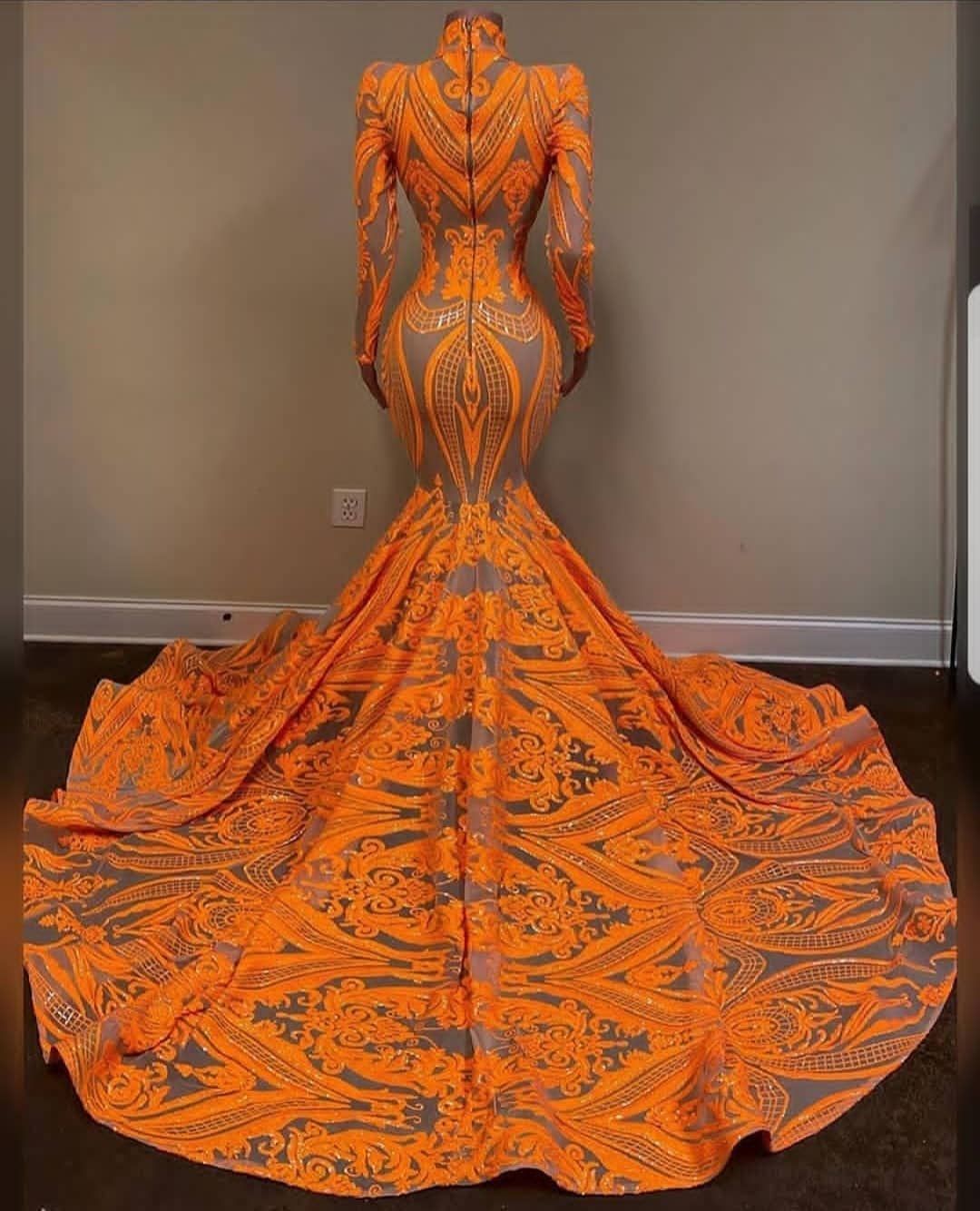 Orange Long Sleeves Mermaid Prom Dress Sequins Lace PD0582