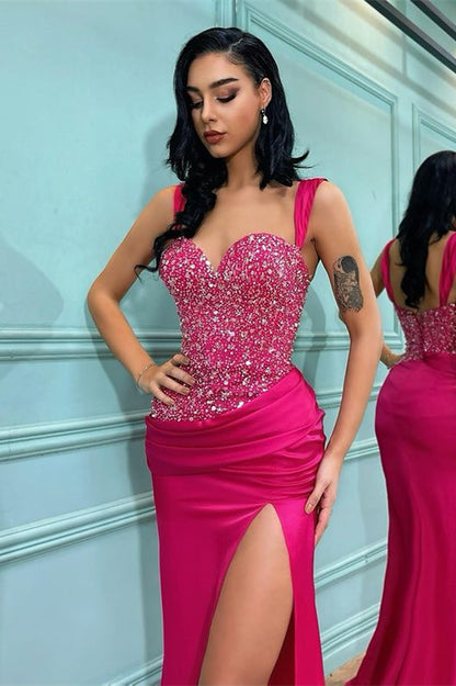 Fuchsia Straps Mermaid Prom Dress Split PD0521