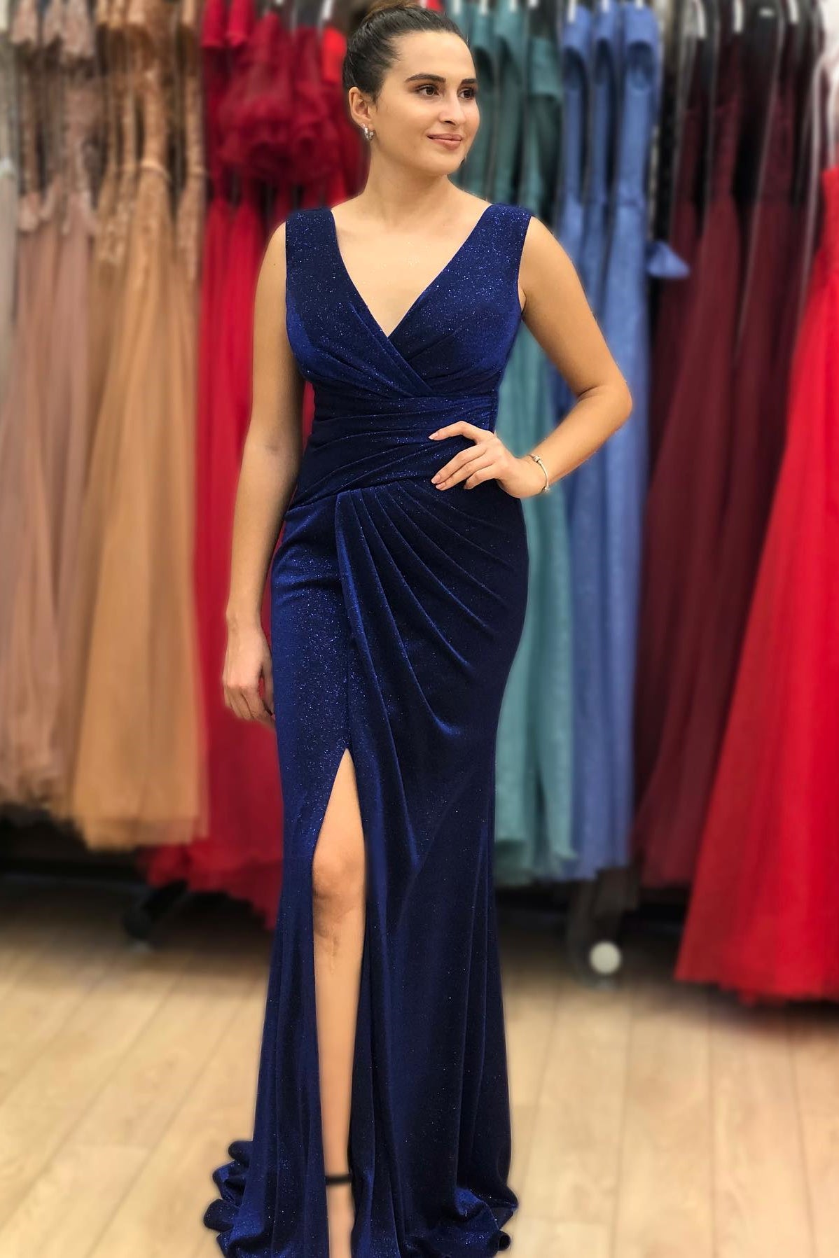 Vintage Blue V-Neck Long Mermaid Prom Dress With Split ED0432