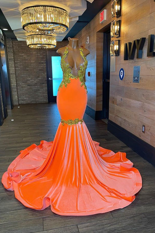 edgynewlook Sleeveless Orange Mermaid Elegant Prom Dress Appliques With Beads