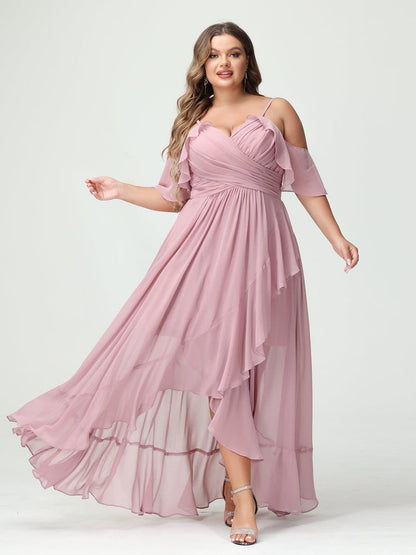 A-Line/Princess/Princess Spaghetti Straps V-Neck Short Sleeves Chiffon Asymmetrical Plus Size Bridesmaid Dresses with Ruffles