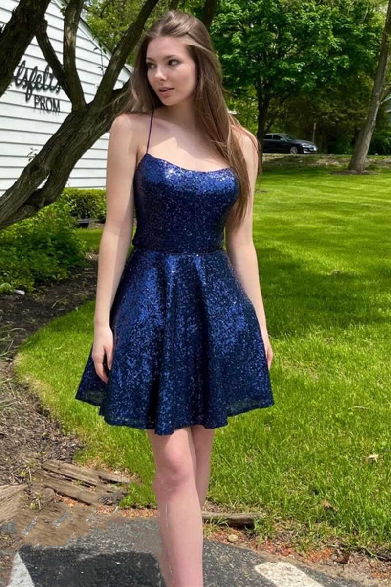 Dark Blue Sequins Spaghetti Straps A-Line Short Homecoming Dress  gh1369