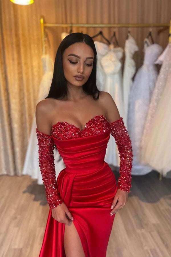 edgynewlook Red Strapless Split Prom Dress Long sleeves with Sequins