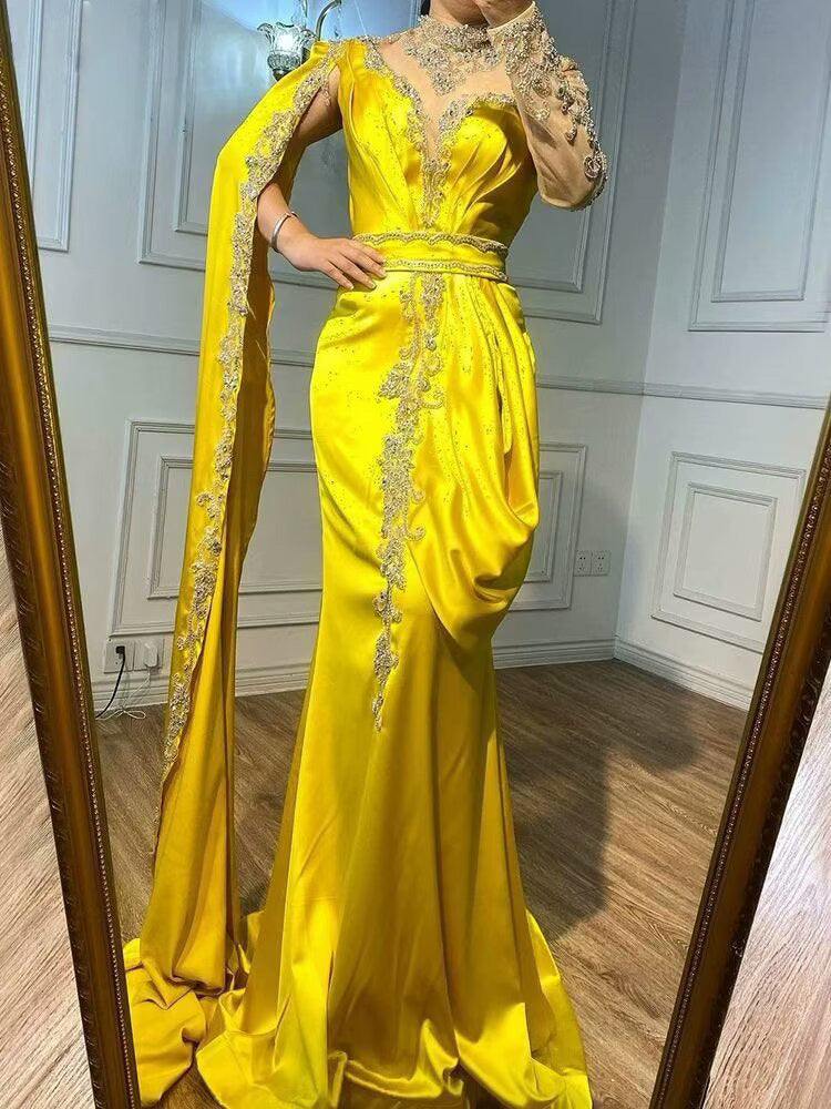 Okdais Shinning Yellow Bead Embroidery Mermaid Floor Length Prom Dress With Shawl LM0022