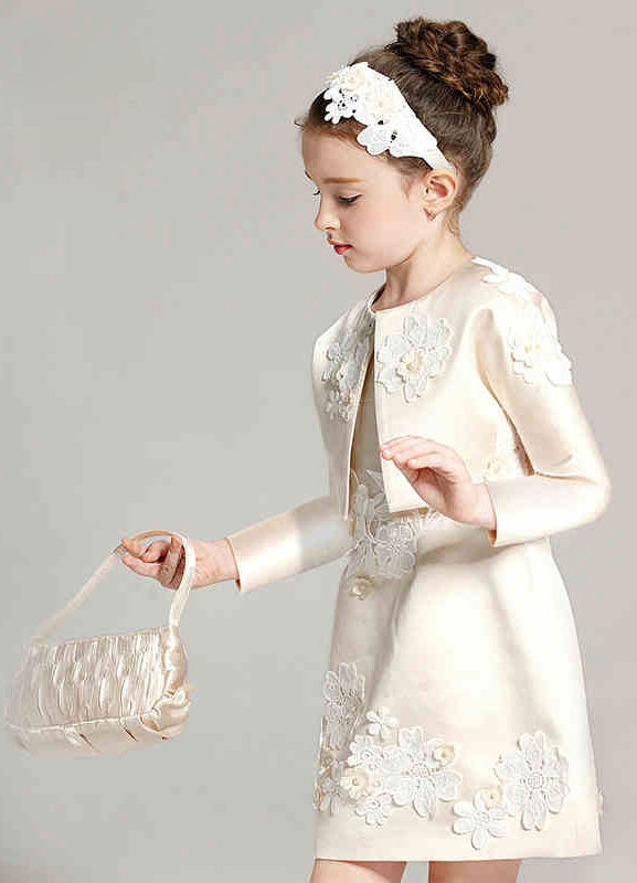 Champagne A-line Flower Applique Beaded Short flower girl dress With Jacket