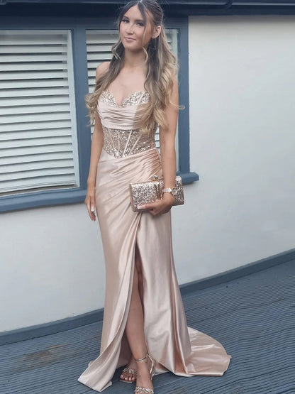 Chari | Mermaid Pink Off Shoulder Sheer Corset Rhinestone Long Prom Dress with Slit