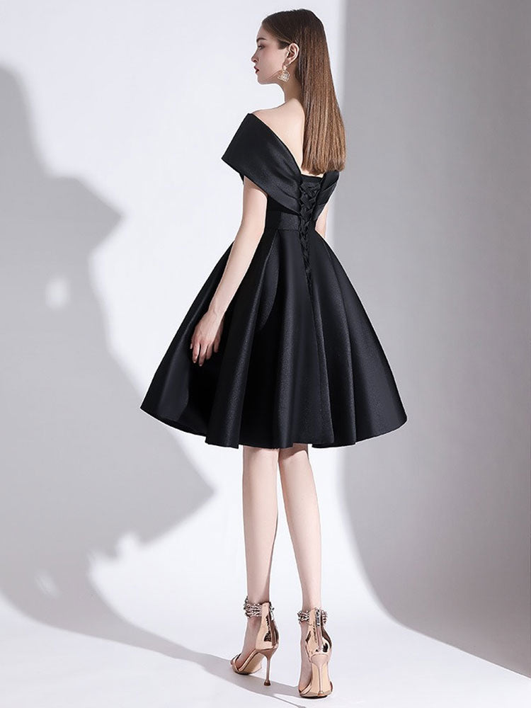 Charming Evening Dress A-Line V-Neck Knee-Length Short Sleeves Lace-up Pleated Satin Fabric Cocktail Dress Little Black Dress