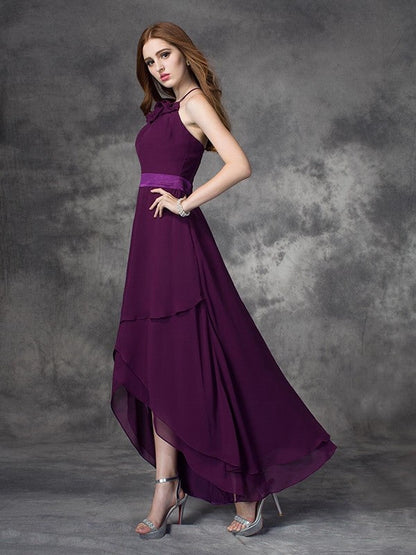 Charming Halter Ruffles Sleeveless High Low Chiffon Bridesmaid Dresses