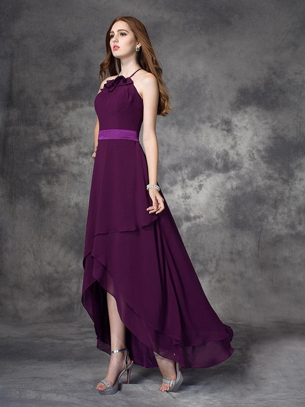 Charming Halter Ruffles Sleeveless High Low Chiffon Bridesmaid Dresses