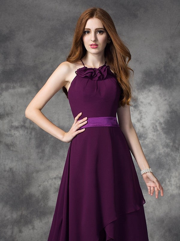 Charming Halter Ruffles Sleeveless High Low Chiffon Bridesmaid Dresses