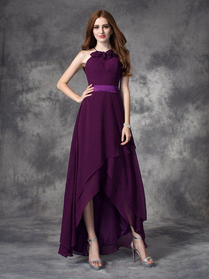 Charming Halter Ruffles Sleeveless High Low Chiffon Bridesmaid Dresses