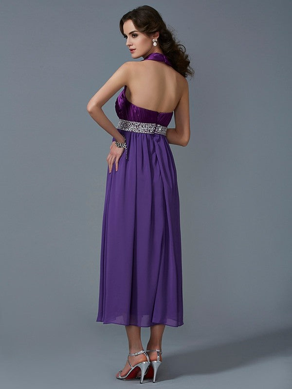 Charming Halter Sleeveless Beading Long Chiffon Bridesmaid Dresses