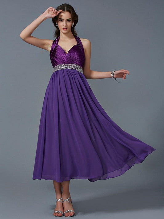 Charming Halter Sleeveless Beading Long Chiffon Bridesmaid Dresses