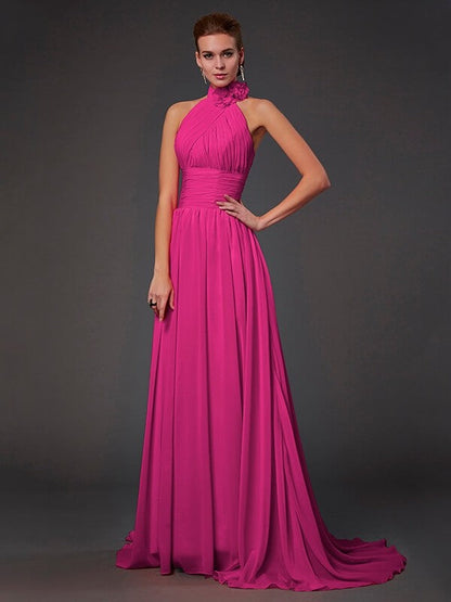 Charming Halter Sleeveless Hand-Made Flower Long Chiffon Bridesmaid Dresses