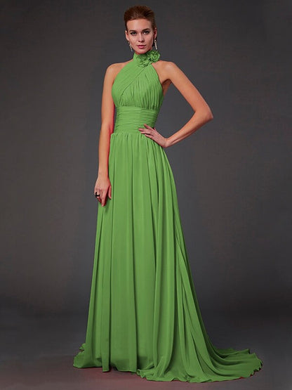 Charming Halter Sleeveless Hand-Made Flower Long Chiffon Bridesmaid Dresses