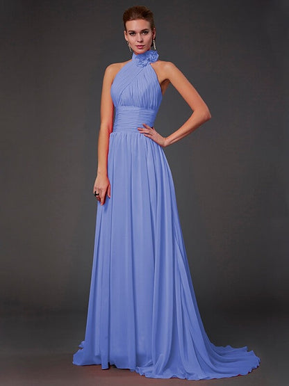 Charming Halter Sleeveless Hand-Made Flower Long Chiffon Bridesmaid Dresses