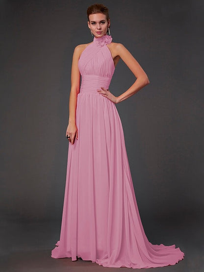 Charming Halter Sleeveless Hand-Made Flower Long Chiffon Bridesmaid Dresses