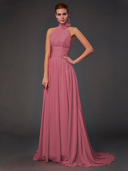 Charming Halter Sleeveless Hand-Made Flower Long Chiffon Bridesmaid Dresses