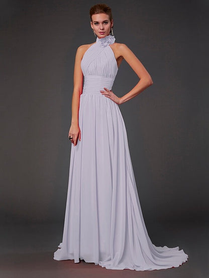 Charming Halter Sleeveless Hand-Made Flower Long Chiffon Bridesmaid Dresses