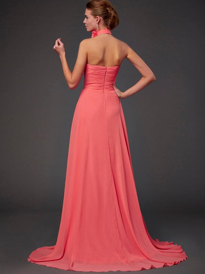 Charming Halter Sleeveless Hand-Made Flower Long Chiffon Bridesmaid Dresses