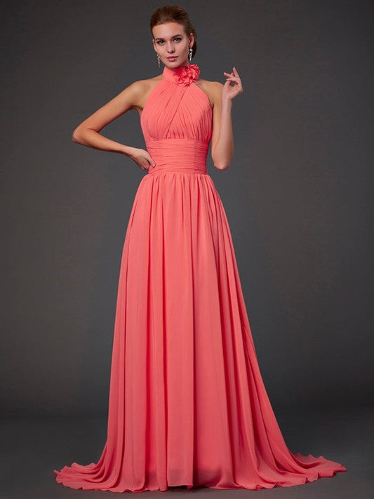 Charming Halter Sleeveless Hand-Made Flower Long Chiffon Bridesmaid Dresses