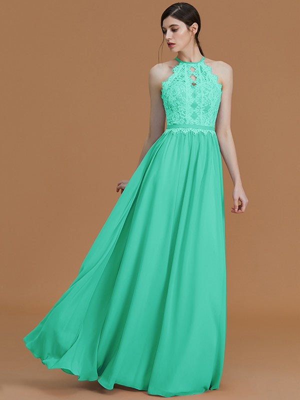 Charming Halter Sleeveless Lace Chiffon Bridesmaid Dresses