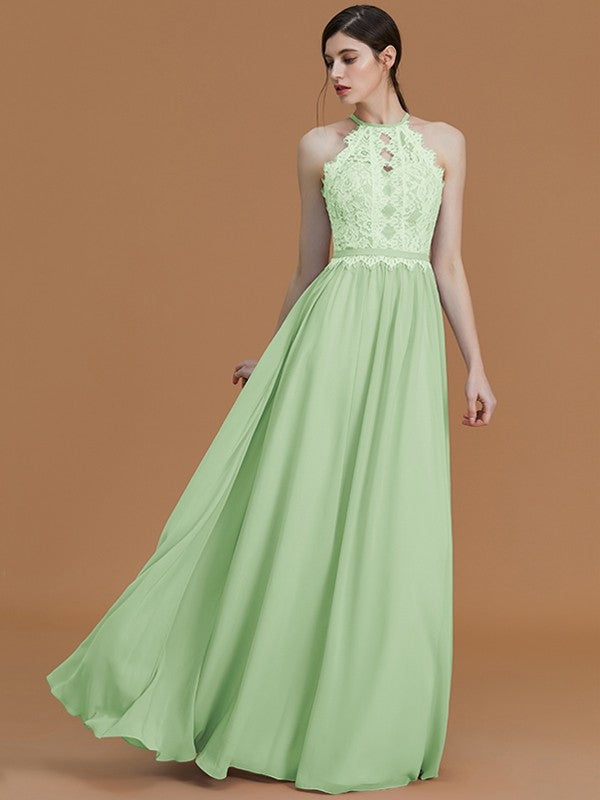 Charming Halter Sleeveless Lace Chiffon Bridesmaid Dresses