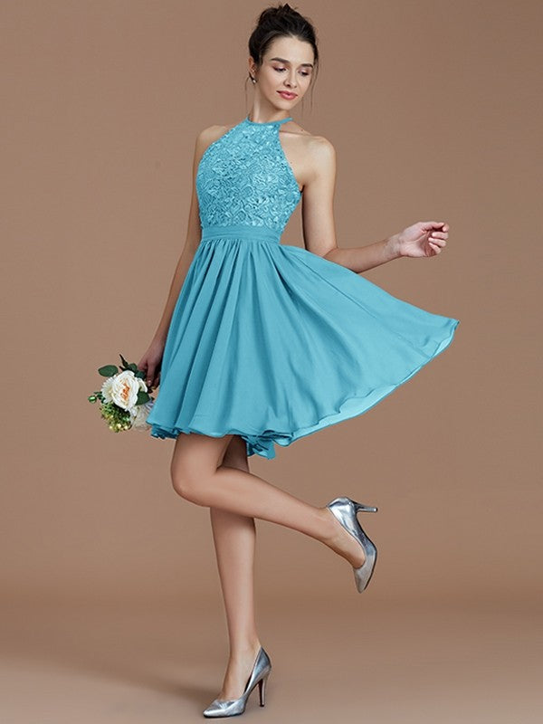 Charming Halter Sleeveless Lace Short/Mini Chiffon Bridesmaid Dresses