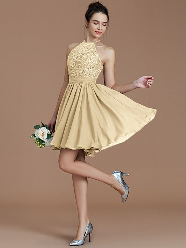 Charming Halter Sleeveless Lace Short/Mini Chiffon Bridesmaid Dresses