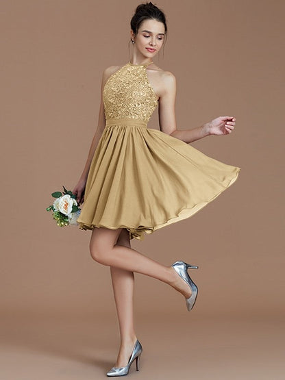 Charming Halter Sleeveless Lace Short/Mini Chiffon Bridesmaid Dresses