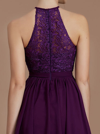 Charming Halter Sleeveless Lace Short/Mini Chiffon Bridesmaid Dresses