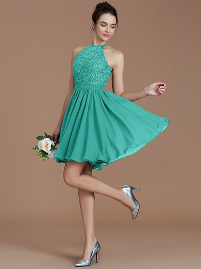 Charming Halter Sleeveless Lace Short/Mini Chiffon Bridesmaid Dresses