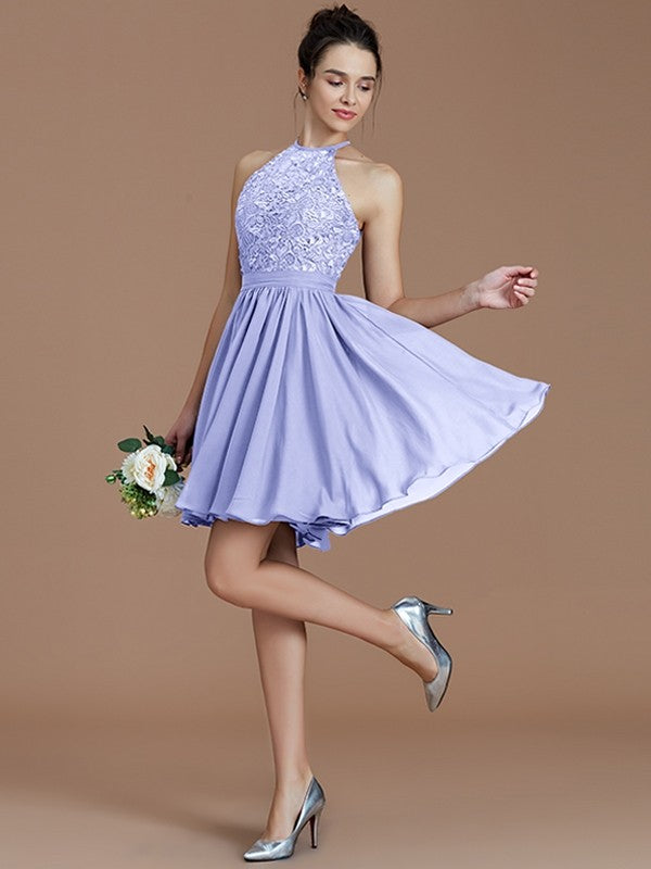 Charming Halter Sleeveless Lace Short/Mini Chiffon Bridesmaid Dresses