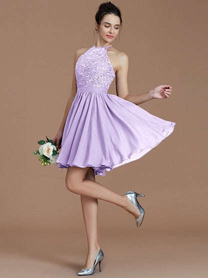 Charming Halter Sleeveless Lace Short/Mini Chiffon Bridesmaid Dresses