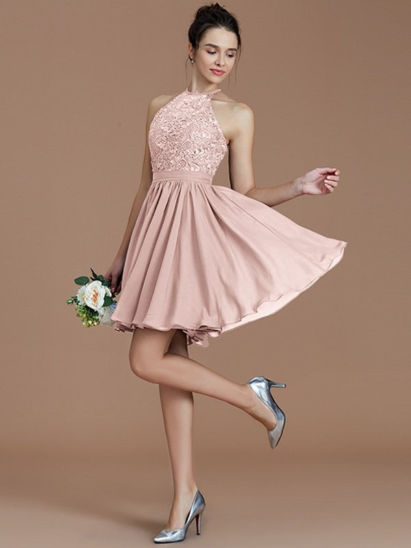 Charming Halter Sleeveless Lace Short/Mini Chiffon Bridesmaid Dresses