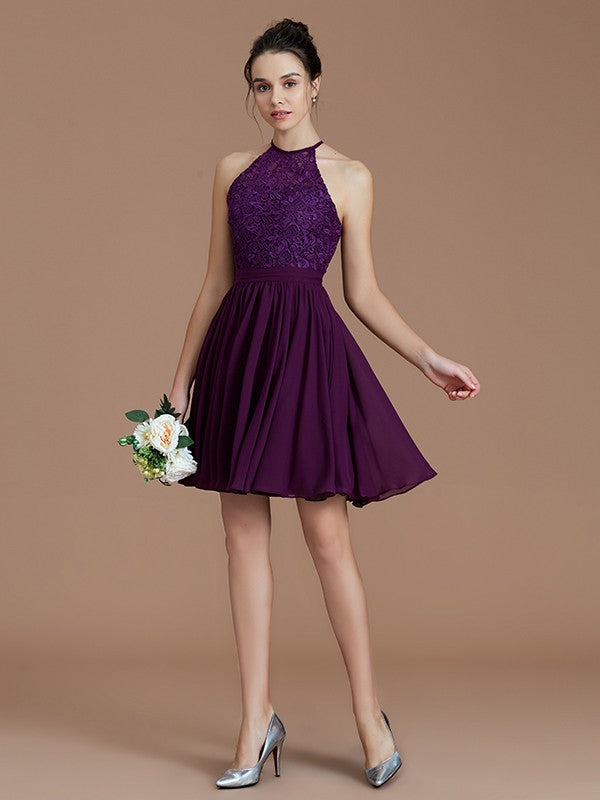 Charming Halter Sleeveless Lace Short/Mini Chiffon Bridesmaid Dresses