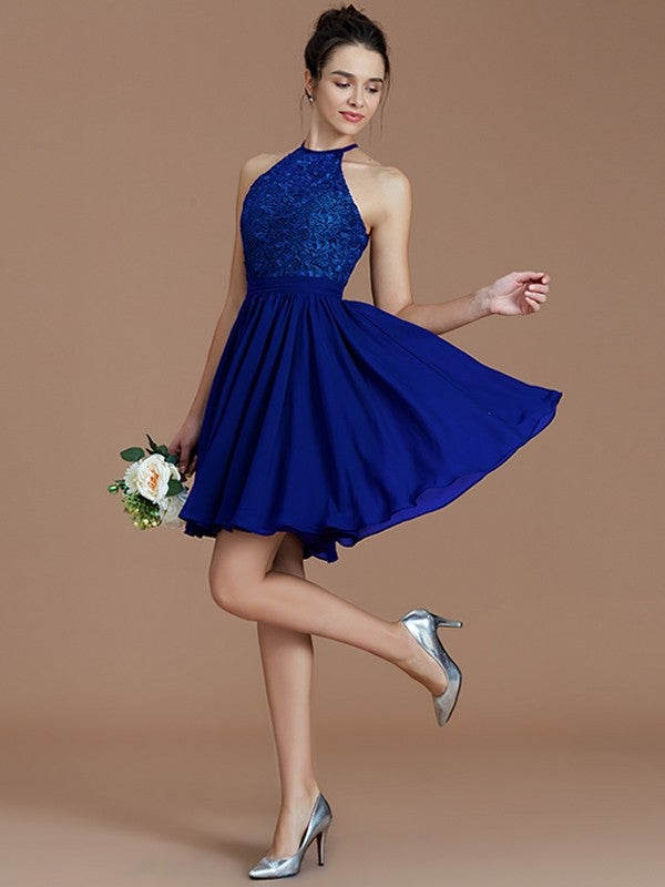 Charming Halter Sleeveless Lace Short/Mini Chiffon Bridesmaid Dresses