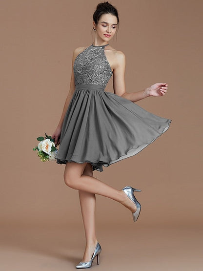 Charming Halter Sleeveless Lace Short/Mini Chiffon Bridesmaid Dresses