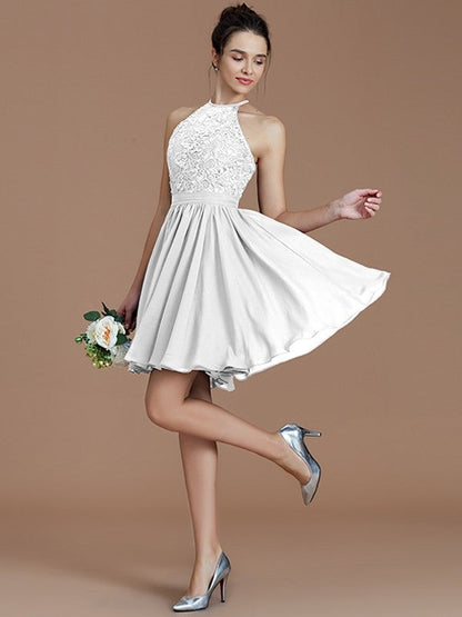 Charming Halter Sleeveless Lace Short/Mini Chiffon Bridesmaid Dresses