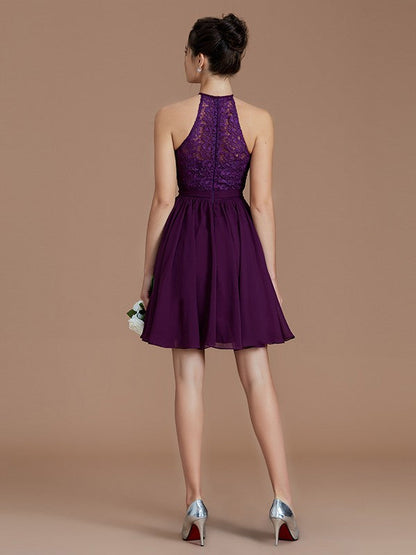 Charming Halter Sleeveless Lace Short/Mini Chiffon Bridesmaid Dresses