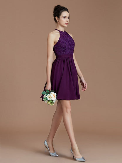 Charming Halter Sleeveless Lace Short/Mini Chiffon Bridesmaid Dresses