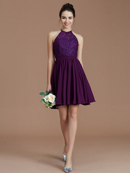 Charming Halter Sleeveless Lace Short/Mini Chiffon Bridesmaid Dresses