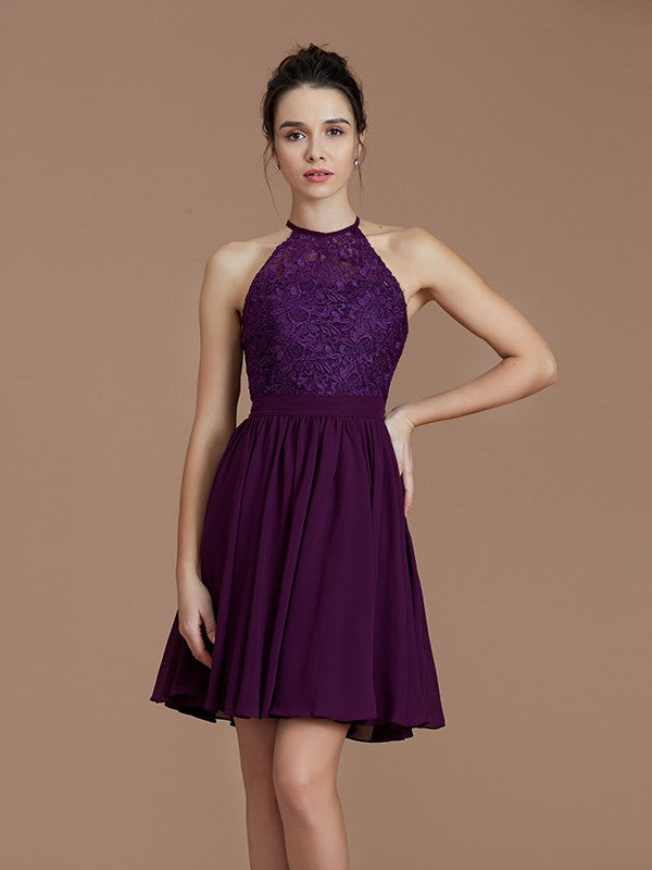 Charming Halter Sleeveless Lace Short/Mini Chiffon Bridesmaid Dresses