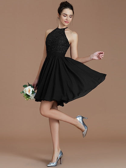 Charming Halter Sleeveless Lace Short/Mini Chiffon Bridesmaid Dresses