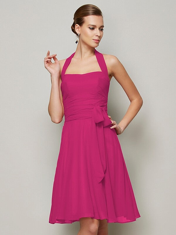 Charming Halter Sleeveless Pleats Bowknot Short Chiffon Bridesmaid Dresses