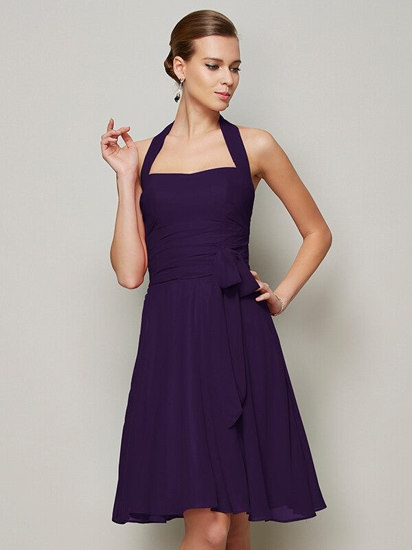 Charming Halter Sleeveless Pleats Bowknot Short Chiffon Bridesmaid Dresses