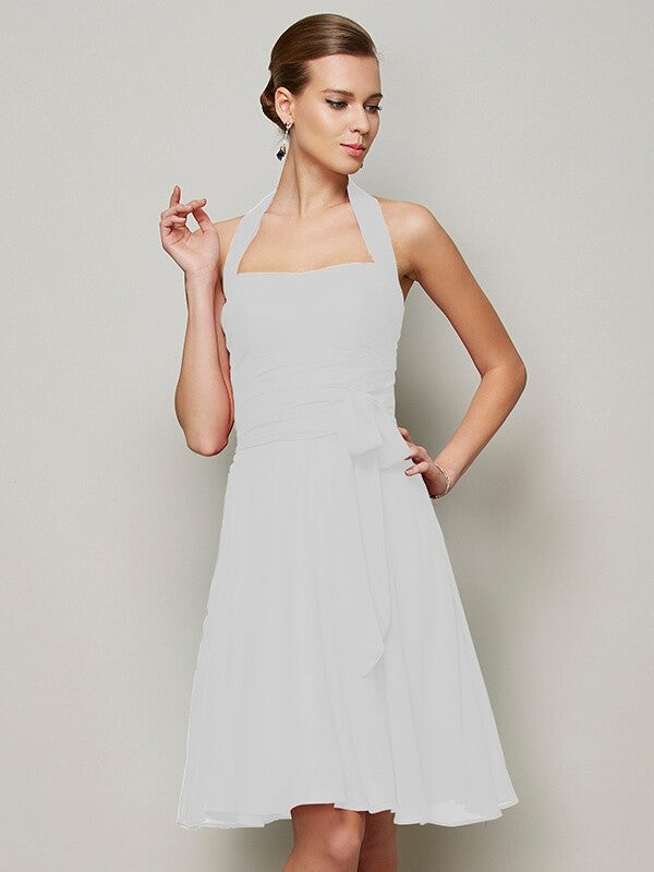 Charming Halter Sleeveless Pleats Bowknot Short Chiffon Bridesmaid Dresses