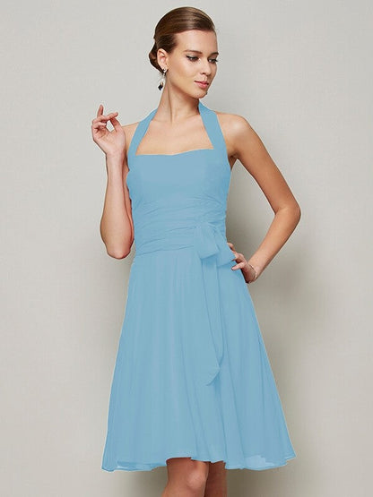 Charming Halter Sleeveless Pleats Bowknot Short Chiffon Bridesmaid Dresses