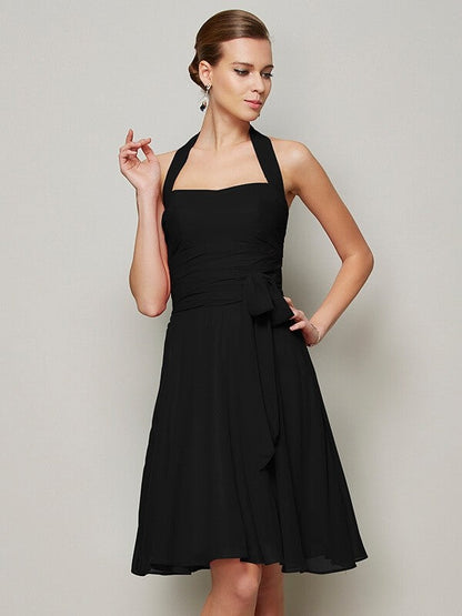 Charming Halter Sleeveless Pleats Bowknot Short Chiffon Bridesmaid Dresses